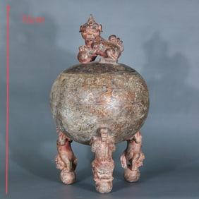 Pre-Ming Large Incense Burner with Gold and Silver Inlay and Lion-Playing-With-Ball Motif