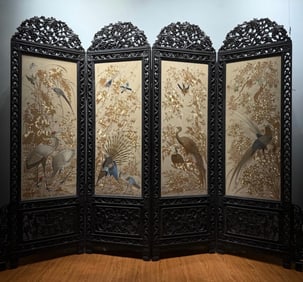 Yue Embroidery Screen with Flower and Bird Motifs