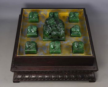 A Box of Eight Banners Seals Carved from Hetian Green Jade