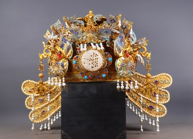 Filigree Gilt Phoenix Crown Inlaid with Hetian Jade