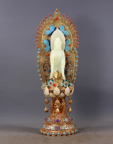 Filigree Gilt Buddha Statue Inlaid with Hetian Jade