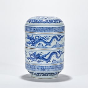 Yuan Dynasty Blue and White Food Box with Sea Wave and Dragon Motifs