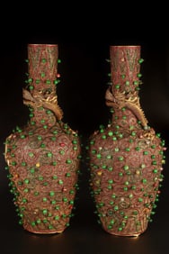 Qing Dynasty Filigree Gilt Vase with Coiled Dragon Motif Inlaid with Precious Gems