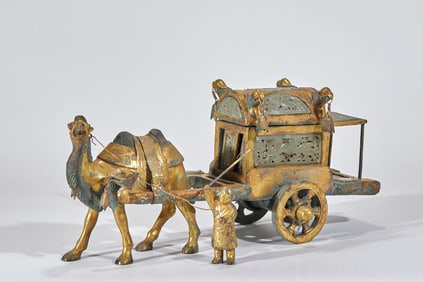 Pre-Ming Gilt Bronze Camel Cart Set Inlaid with Jade