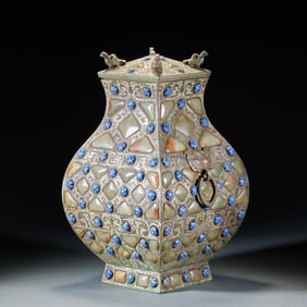 Pre-Ming Square Vase with Double Ring Handles, Decorated with Gold-Silver Inlay and Gem Inlay