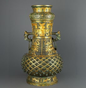 Western Zhou Dynasty Bronze Large Round Vase with Gold Inlay and Nail Head Motifs