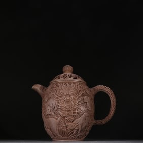 Qing Qianlong Reign Purple Clay Teapot with Exquisite Carvings of the Twelve Chinese Zodiac