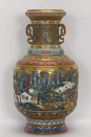 Qing Qianlong Reign Famille Rose Enamel Double-Handled Vase with Gilt Ground and Carved Landscape