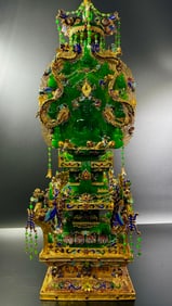 Filigree Gilt Sakyamuni Buddha Statue Inlaid with Jadeite