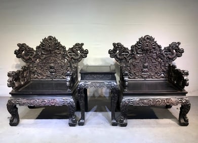 Small-Leaf Red Sandalwood Dragon Throne with High-Relief Carvings