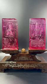 Natural Color Ruby Carvings of Manjushri and Samantabhadra Bodhisattvas