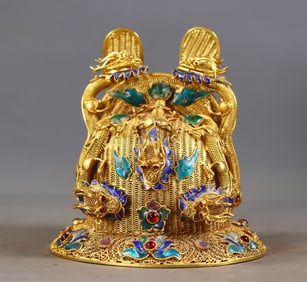 Filigree Gilt Crown Prince’s Headwear with Coiled Dragon Motif Inlaid with Precious Gems