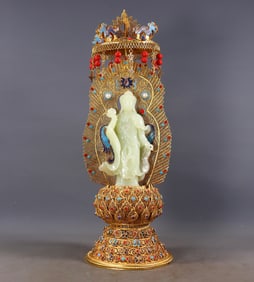 Filigree Gilt Guanyin Bodhisattva Statue Inlaid with Hetian Jade