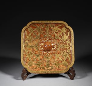 Hetian Jade Square Mirror with Notched Corners and Gilt Decorations