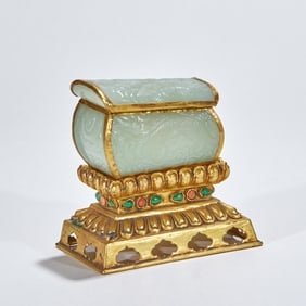 Gilt Bronze Relic Casket Inlaid with Jade and Dragon-Phoenix Motifs
