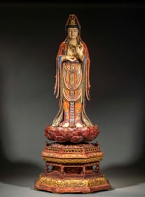 Woodcarved, Gilt-Lacquered and Painted Guanyin Bodhisattva Statue on Lotus Throne