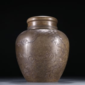 Tin Tea Caddy with Carved Figure Stories and Poems, Marked Qianmao Zizao