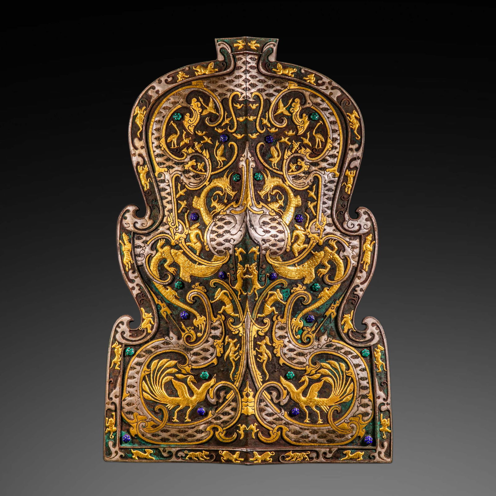 Pre-Ming Dynasty Shield with Gold/Silver Inlay and Gemstone Inlay: Pre-Ming Dynasty Shield with Gold/Silver Inlay and Gemstone InlayH.49.3cm W.33.5cm Weight.7489grams