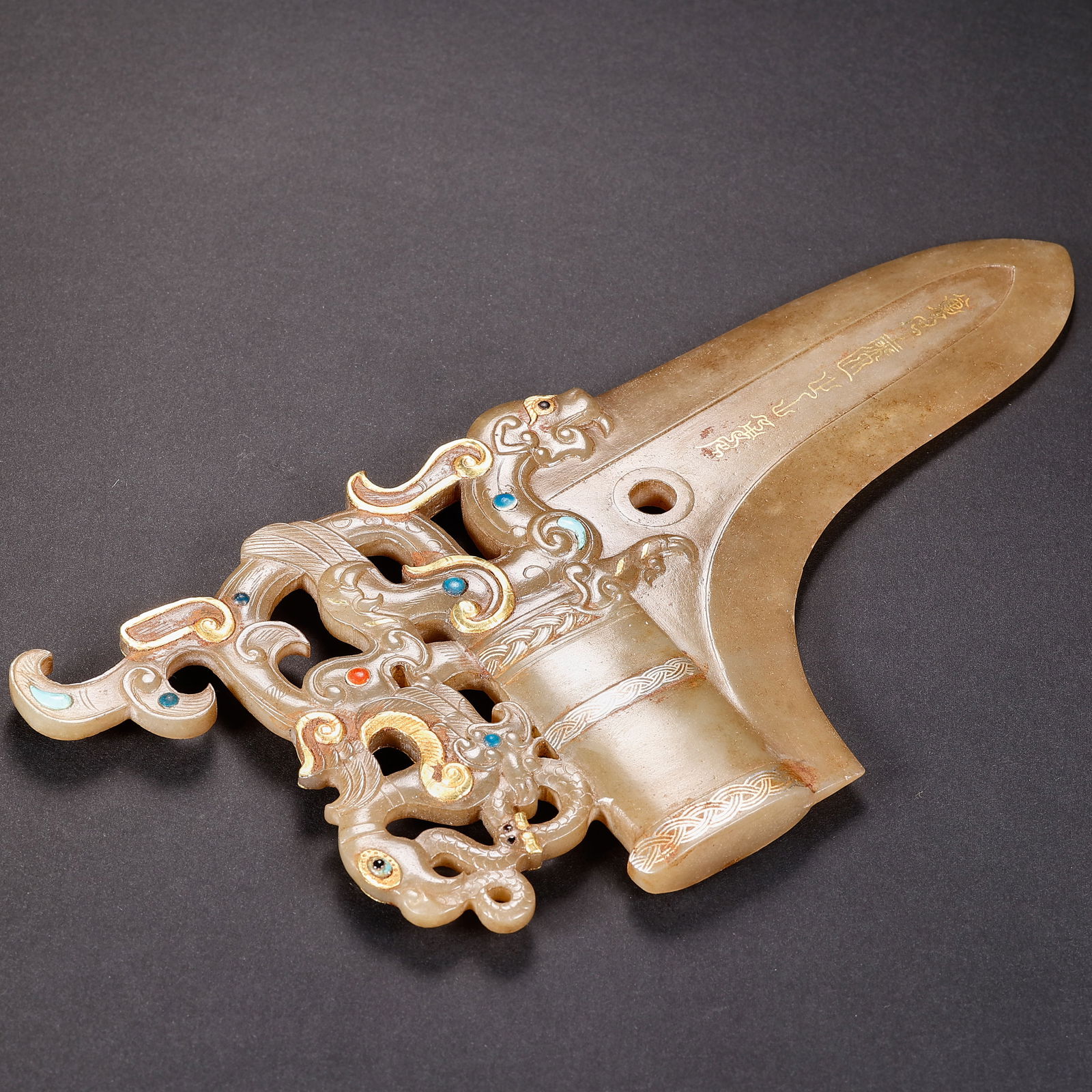 Hetian Jade Dagger-Axe (Ge) with Gilt and Gemstone Inlay (1 of 8)
