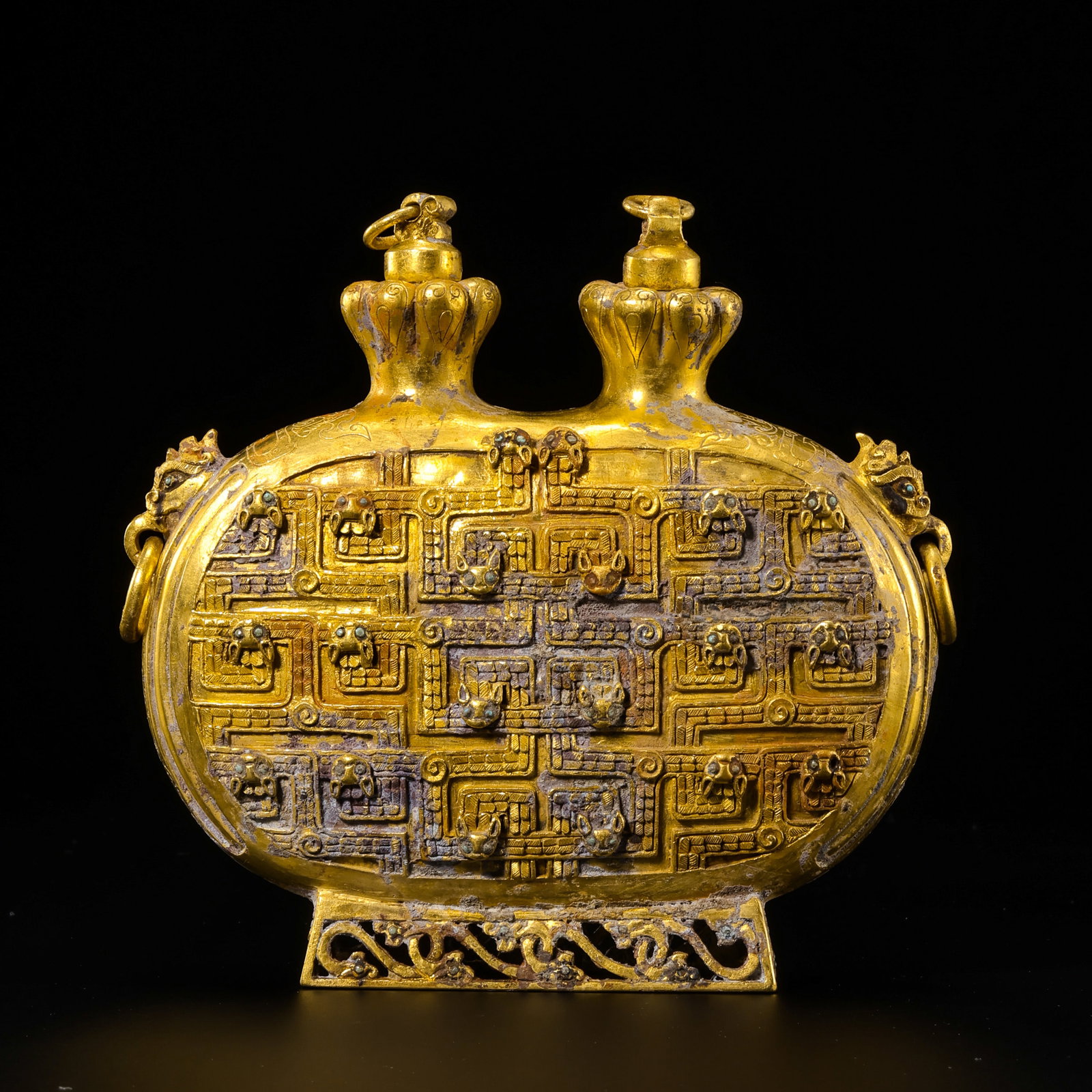 Pre-Ming Dynasty Pure Gold Flat Vase with Double Ears and Beast Motifs (1 of 10)