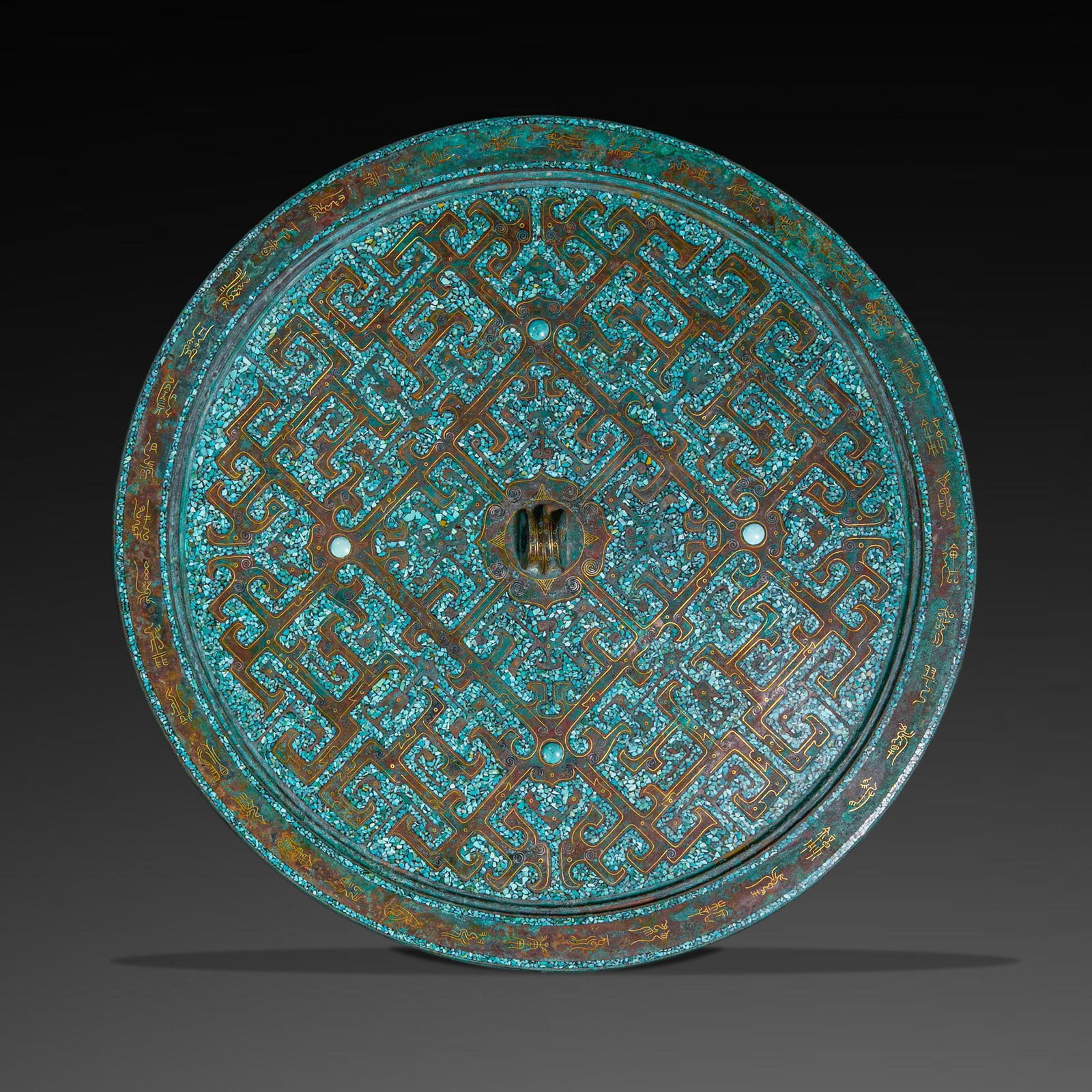 Pre-Ming Dynasty Bronze Mirror Inlaid with Turquoise: Pre-Ming Dynasty Bronze Mirror Inlaid with TurquoiseD.34cm Weight.3450grams