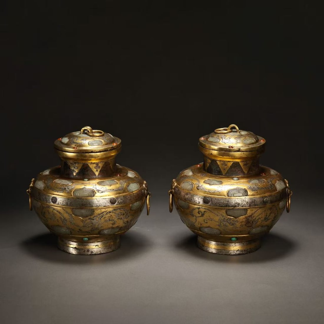 Pair of Pre-Ming Dynasty Gilt Silver Covered Jars Inlaid with Jade (1 of 13)