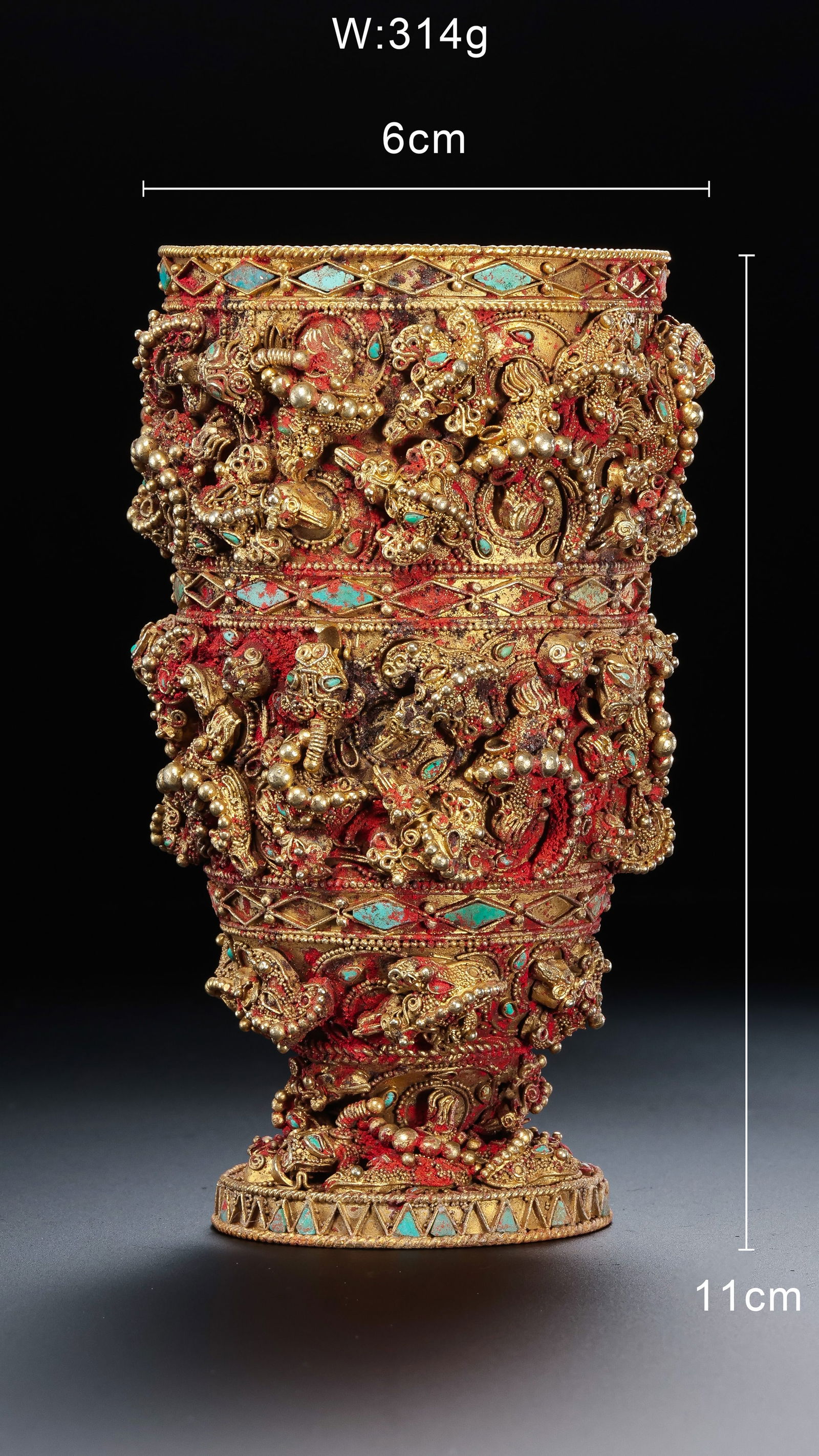 Gilt Silver Incense Burner with Granulation (Zha Zhu): Gilt Silver Incense Burner with Granulation (Zha Zhu)H. 6 cm.W. 11cm.weight.314 grams