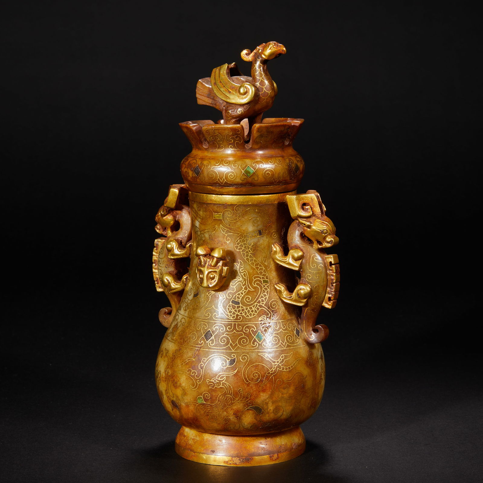Pre-Ming Dynasty Hetian Jade Vase with Dragon Motif, Beast Handles, Gold Traces, and Gemstone Inlay (1 of 8)