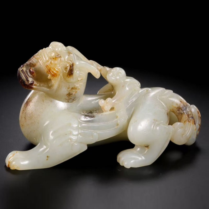 Pre-Ming Dynasty Hetian Jade Auspicious Beast: Pre-Ming Dynasty Hetian Jade Auspicious BeastH: 7.5cmW: 15 cmWeight: 621grams.