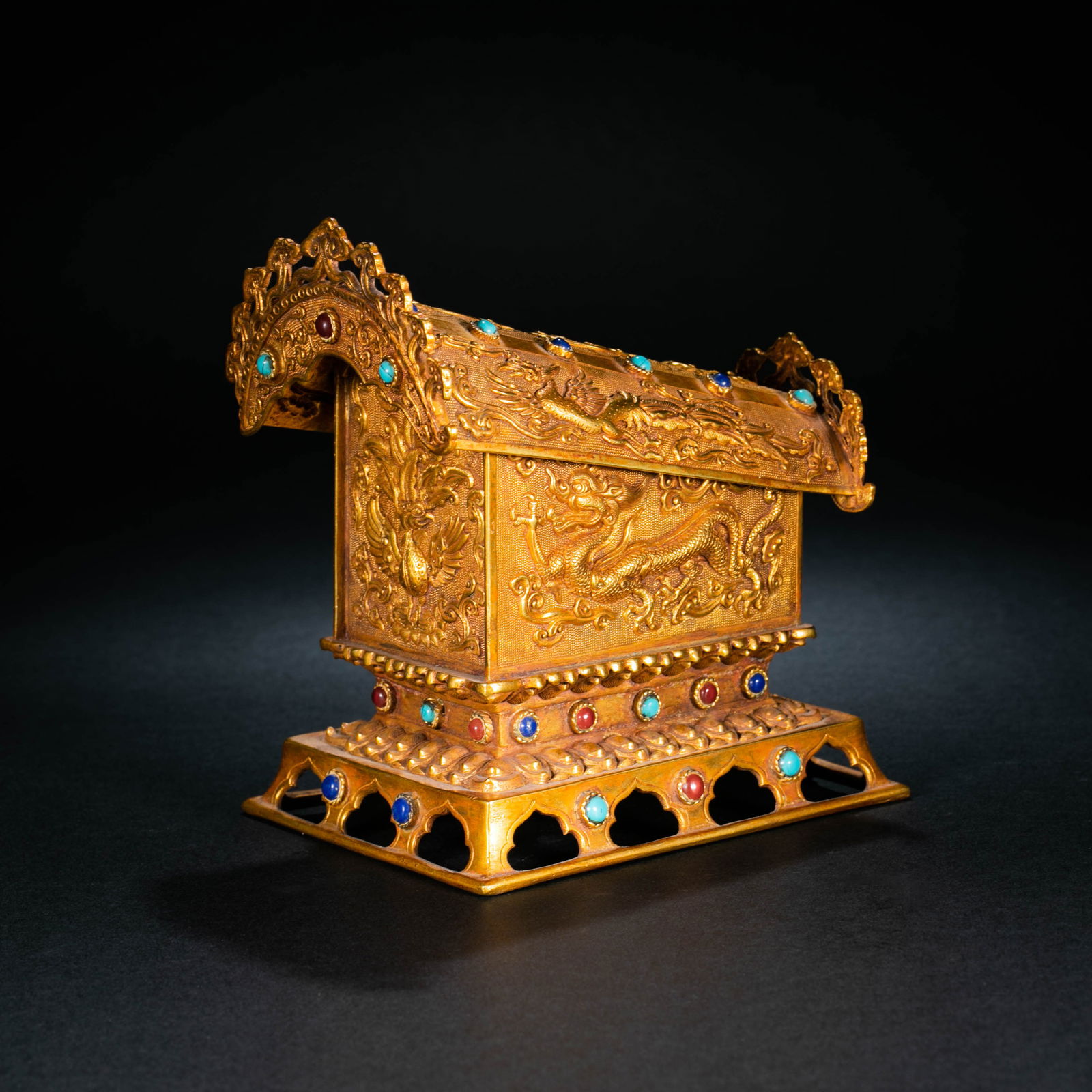 Pre-Ming Dynasty Gilt Bronze Coffin with Dragon and Phoenix Motifs Inlaid with Gemstones (1 of 8)
