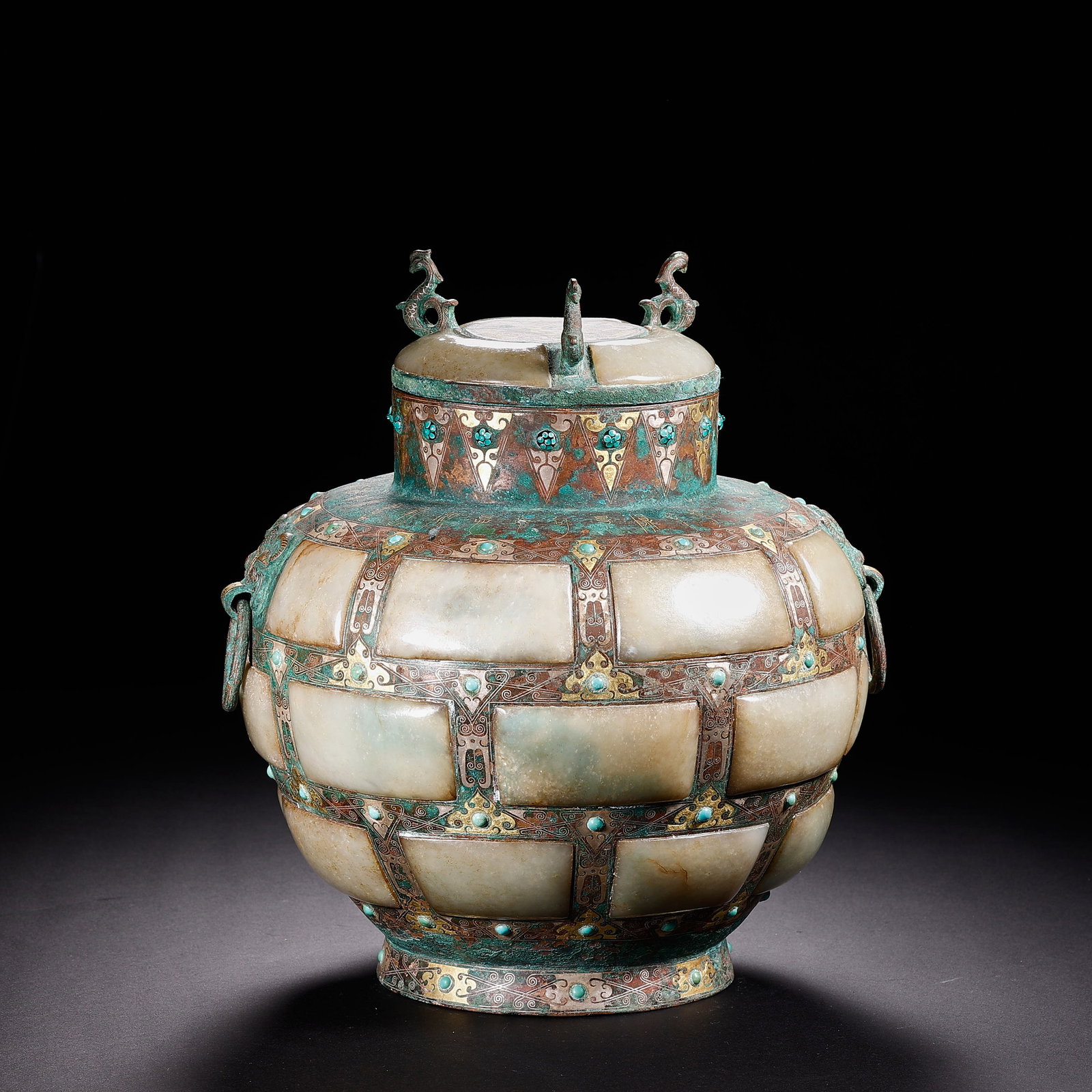 Pre-Ming Dynasty Phoenix Pot with Gold/Silver Inlay and Jade Inlay (1 of 7)