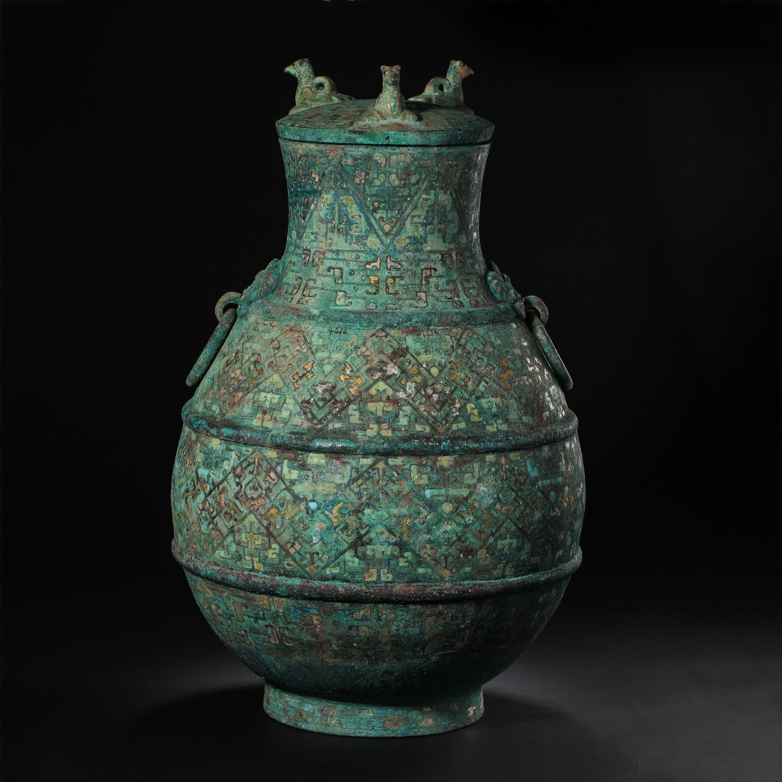 Pre-Ming Dynasty Bronze Covered Pot with Gold/Silver Inlay, Turquoise, and Chi Dragon Motifs (1 of 9)