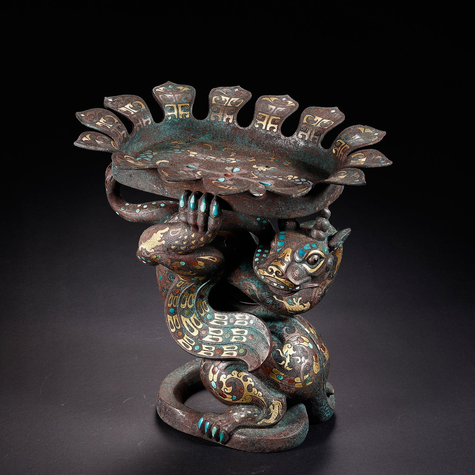 Pre-Ming Dynasty Orchid Petal Lamp with Gold Inlay and Auspicious Beast Base (1 of 13)