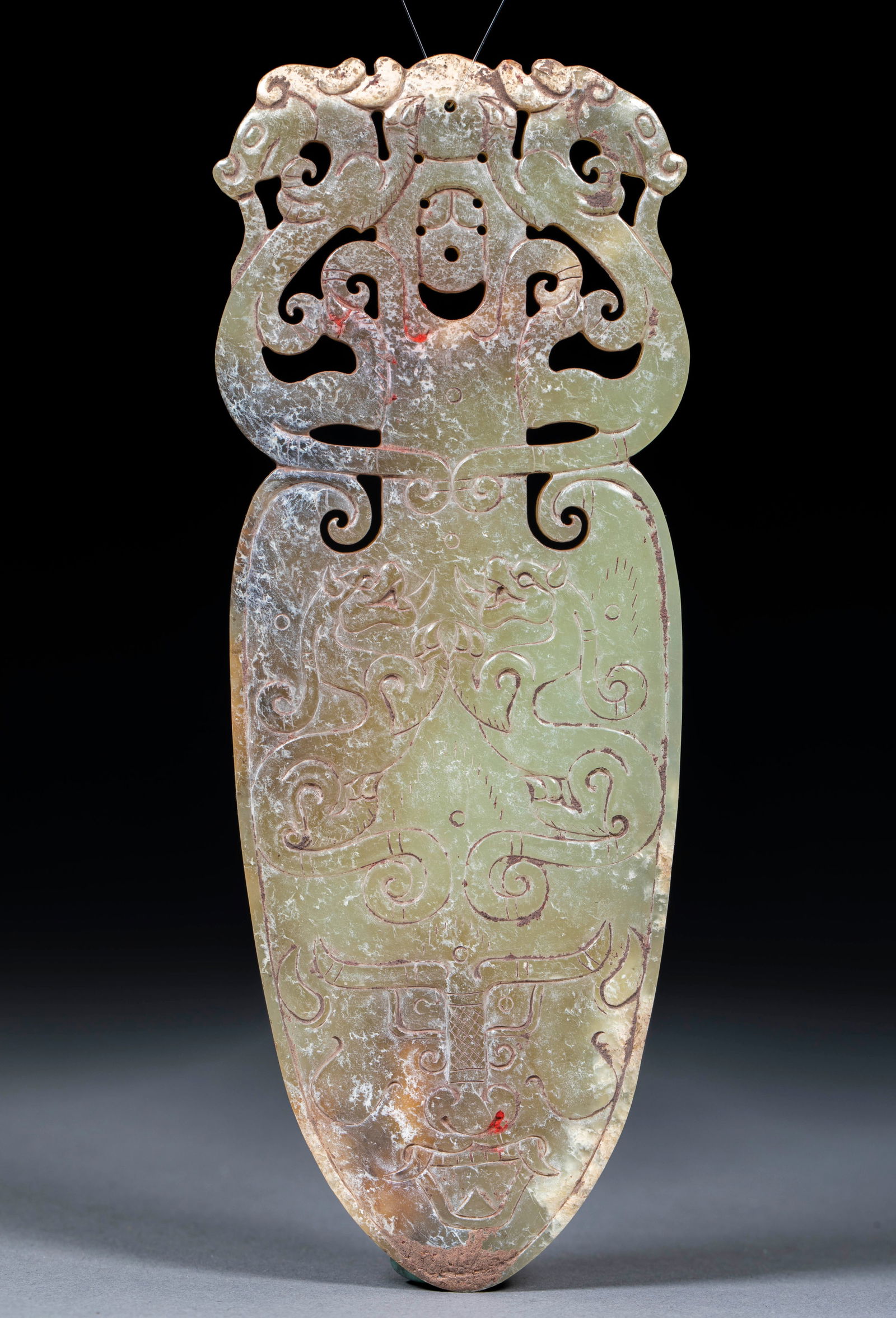 Jade Bi Disc (Chime) with Chi Dragon, Chi Tiger, and Cicada Motifs (1 of 12)