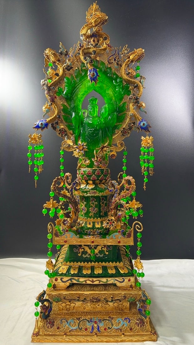 Gilt Filigree Inlaid High-Transparency (High Ice) Jadeite "Lotus Guanyin" (1 of 9)