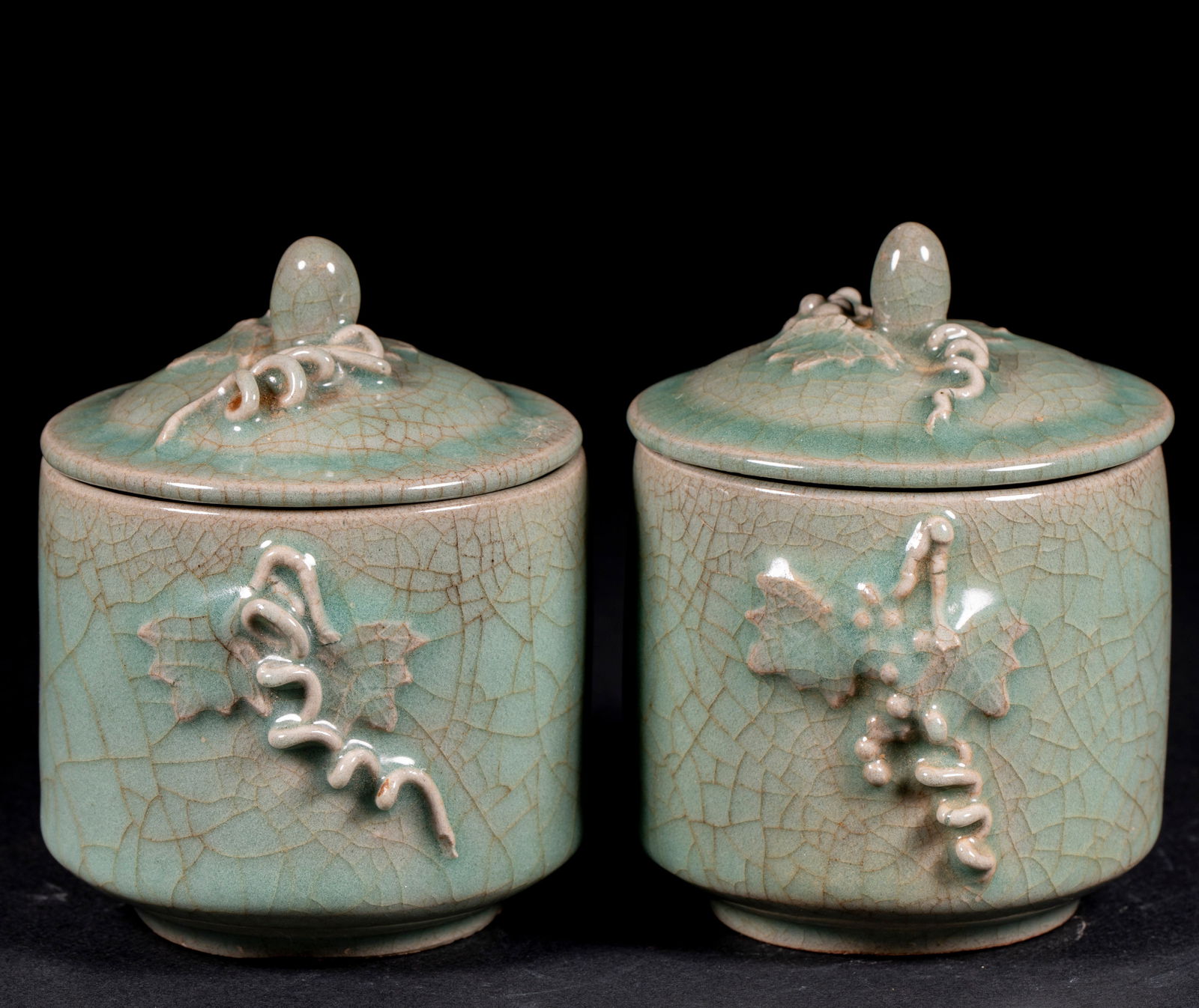 Pair of Koryo Celadon Tea Cups with Lids / "Many Sons and Many Blessings" (1 of 12)