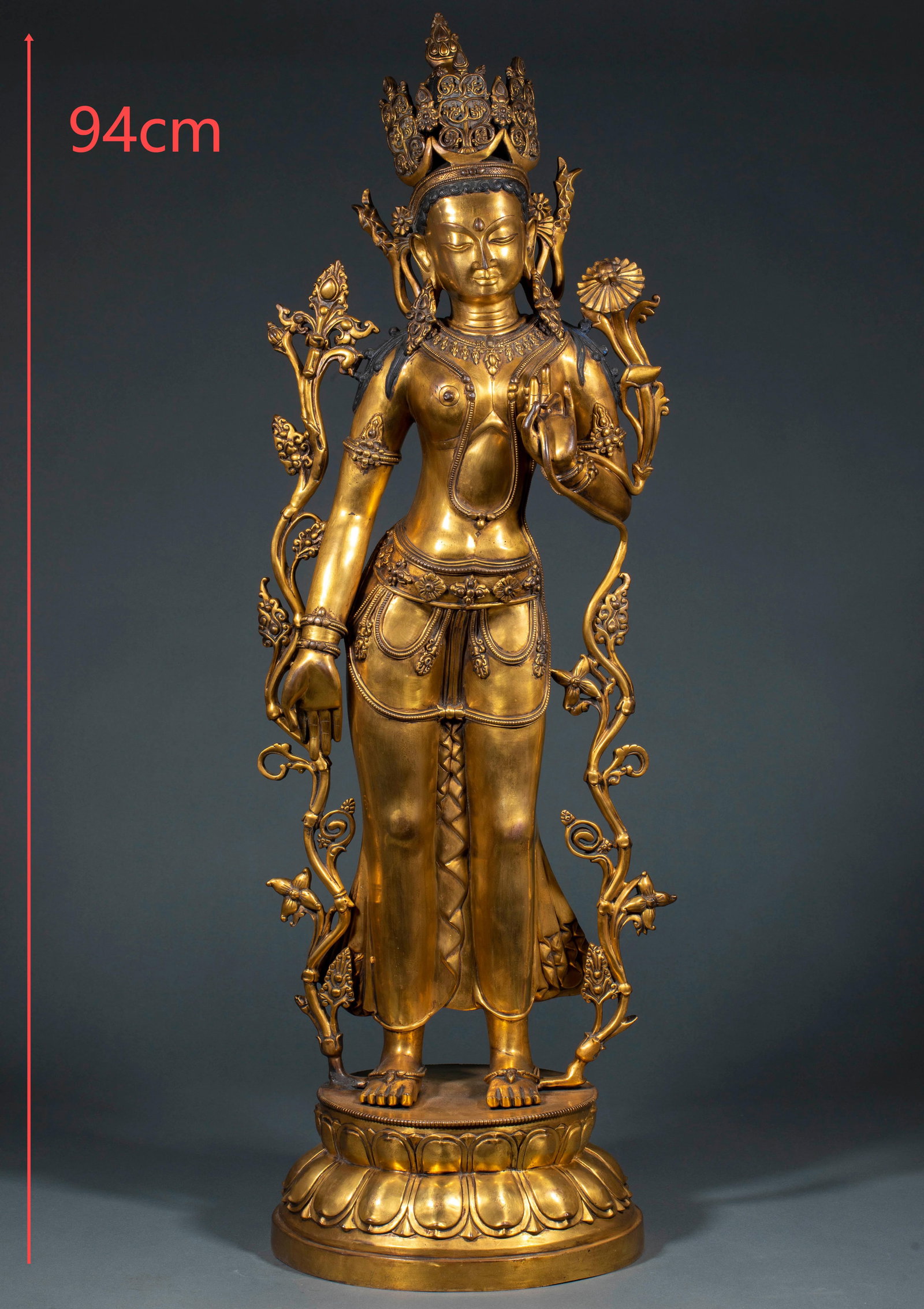 Pre-Ming Dynasty Gilt Bronze Standing Green Tara Statue: Pre-Ming Dynasty Gilt Bronze Standing Green Tara Statue : Cast from gilt bronze, this large standing Green Tara statue features elaborate ornaments and a serene expression, measuring 94 cm in height,