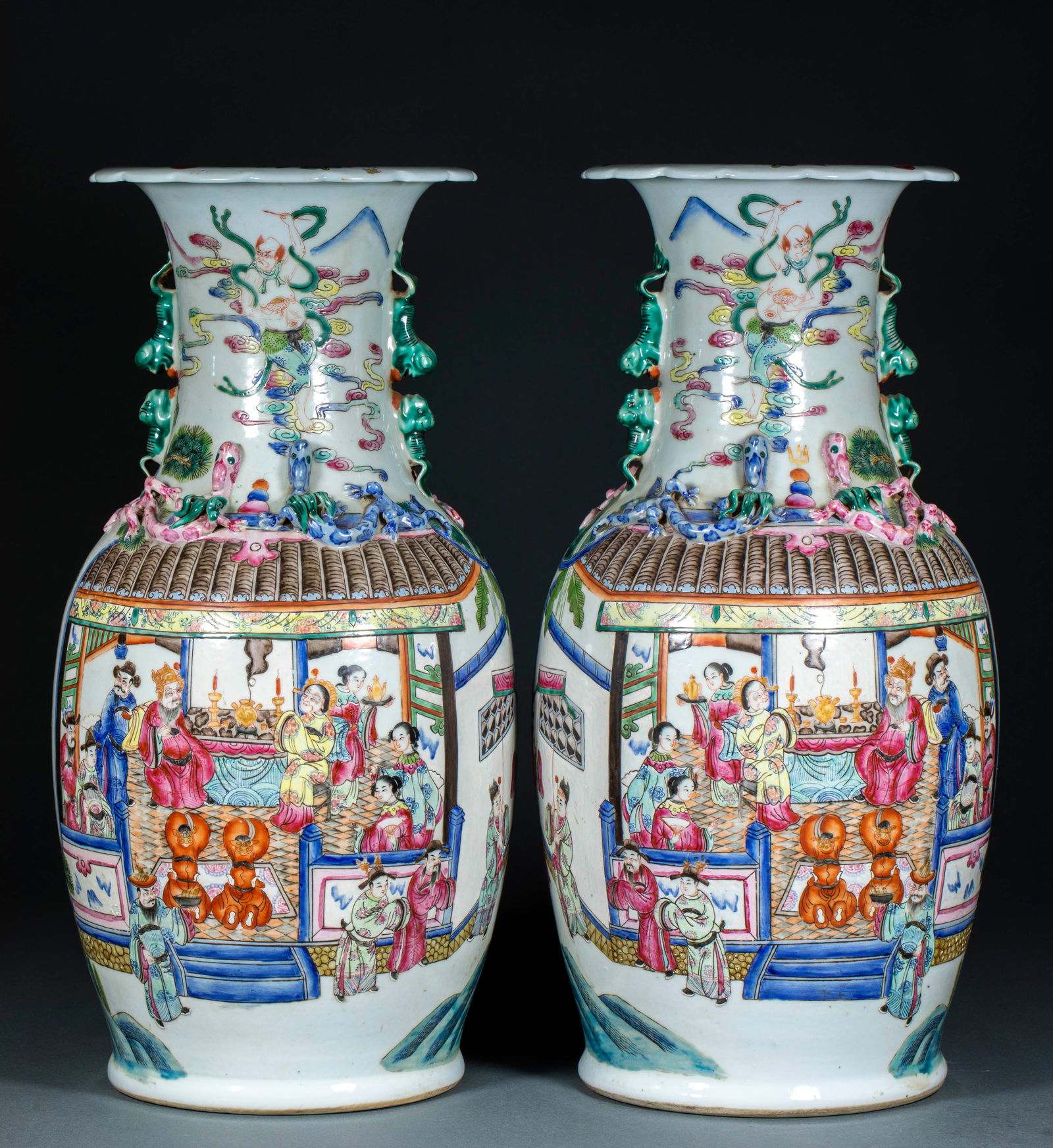 Pair of Qing Famille Rose Vases with Figures, Chi Dragon and Lion Handles, and Sunflower Mouth (1 of 12)