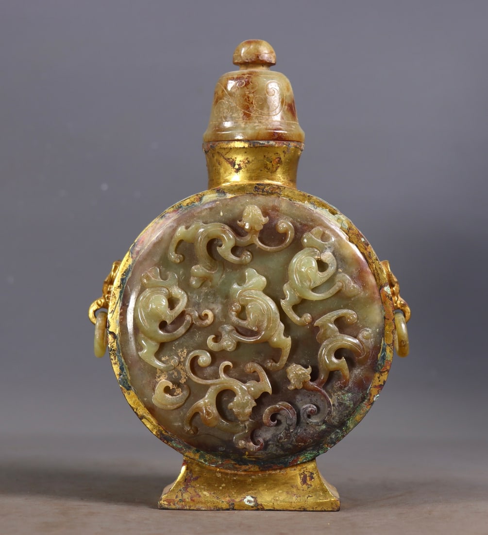 Warring States/Han Period Gilt Bronze Vase Inlaid with Old Hetian Jade Coiled Dragon (1 of 9)