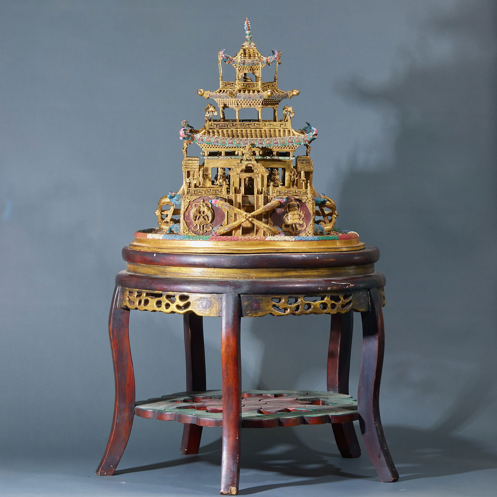 Gilt Bronze Mandala of the Twelve Wealth Gods: Gilt Bronze Mandala of the Twelve Wealth Gods : Cast from gilt bronze with polychrome accents, this multi-tiered mandala depicts the Twelve Wealth Gods in a celestial palace, measuring 49 cm in