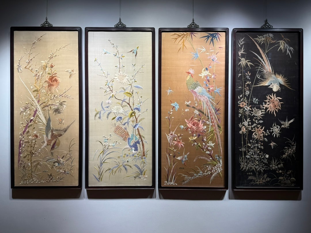 Late Qing to Republic Period Fine Cantonese Embroidery Four-Panel Screen of Flowers and Birds (1 of 9)
