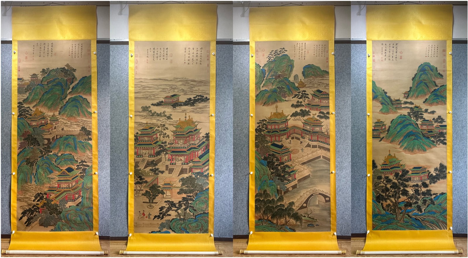 Ming Qiu Ying "Night Banquet" Four-Panel Screen on Silk: Ming Dynasty Qiu Ying "Night Banquet" Four-panel Screen on Silk : Painted in ink and color on silk by the Ming master Qiu Ying, this four-panel screen depicts a grand court banquet set against a