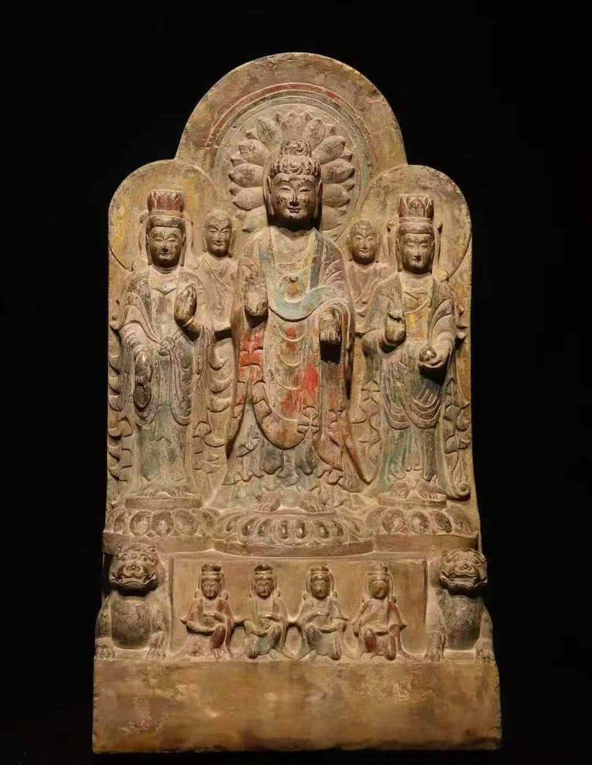 Northern Wei Dynasty Blue Stone Painted Buddha Backrest: Northern Wei Dynasty Blue Stone Painted Buddha Stele : Carved from blue stone with remaining polychrome pigments, this stele features a central standing Buddha with two attendants, flanked by smaller