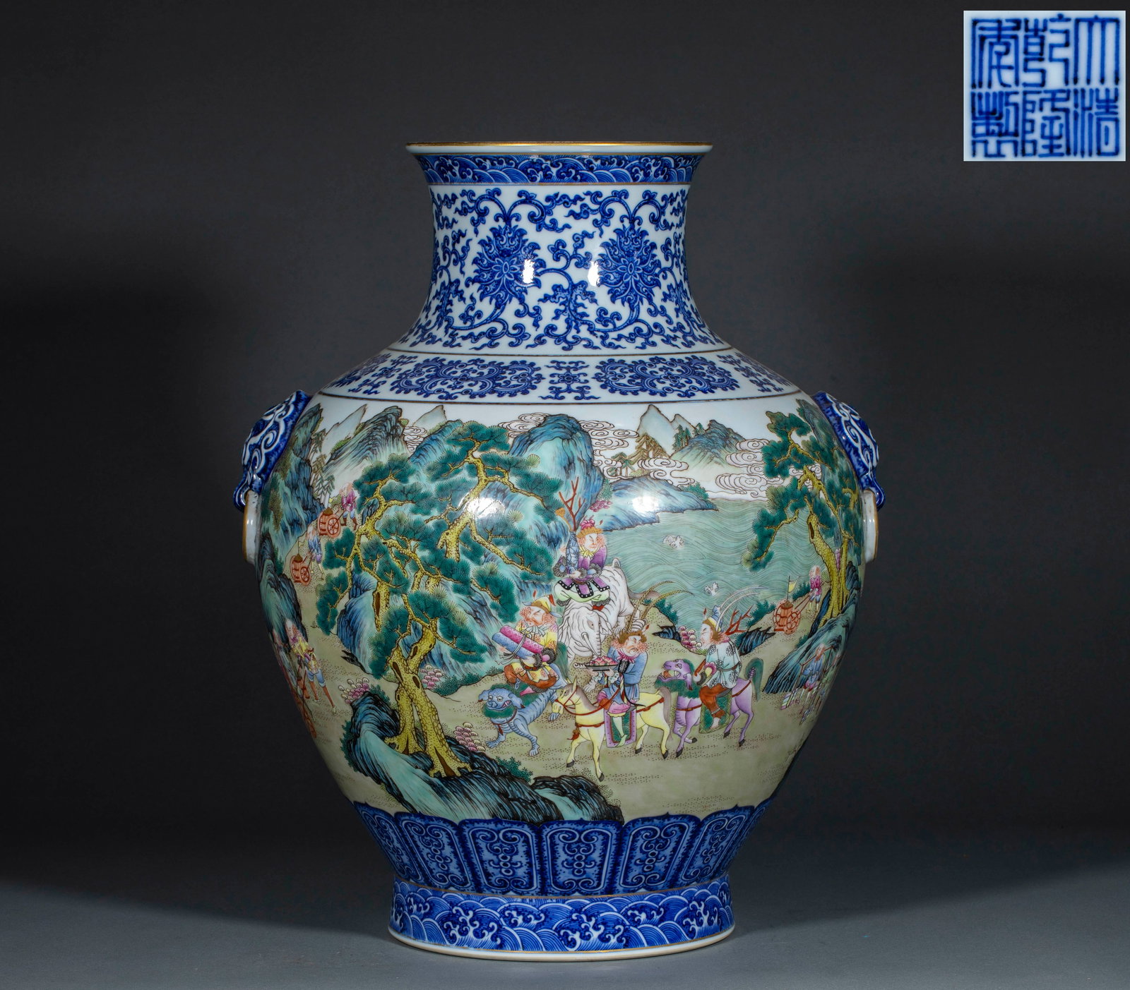 Blue and White Famille Rose Zun Vase with Double Ears and Figural Stories: Qianlong Period Blue and White Famille Rose Vase with Figural Narrative and Beast Handles : Made of porcelain with underglaze blue and overglaze famille rose decoration, this vase features a scene of