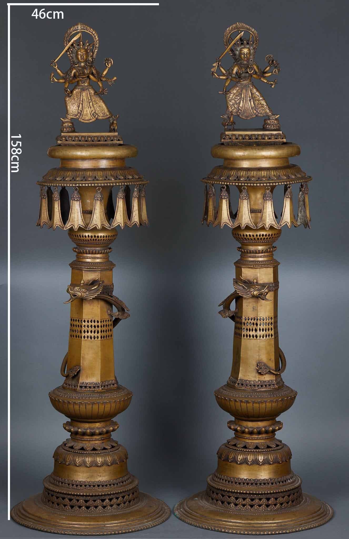 Pair of Alloy Copper Candlesticks with Six-Armed Manjusri Statue (1 of 17)
