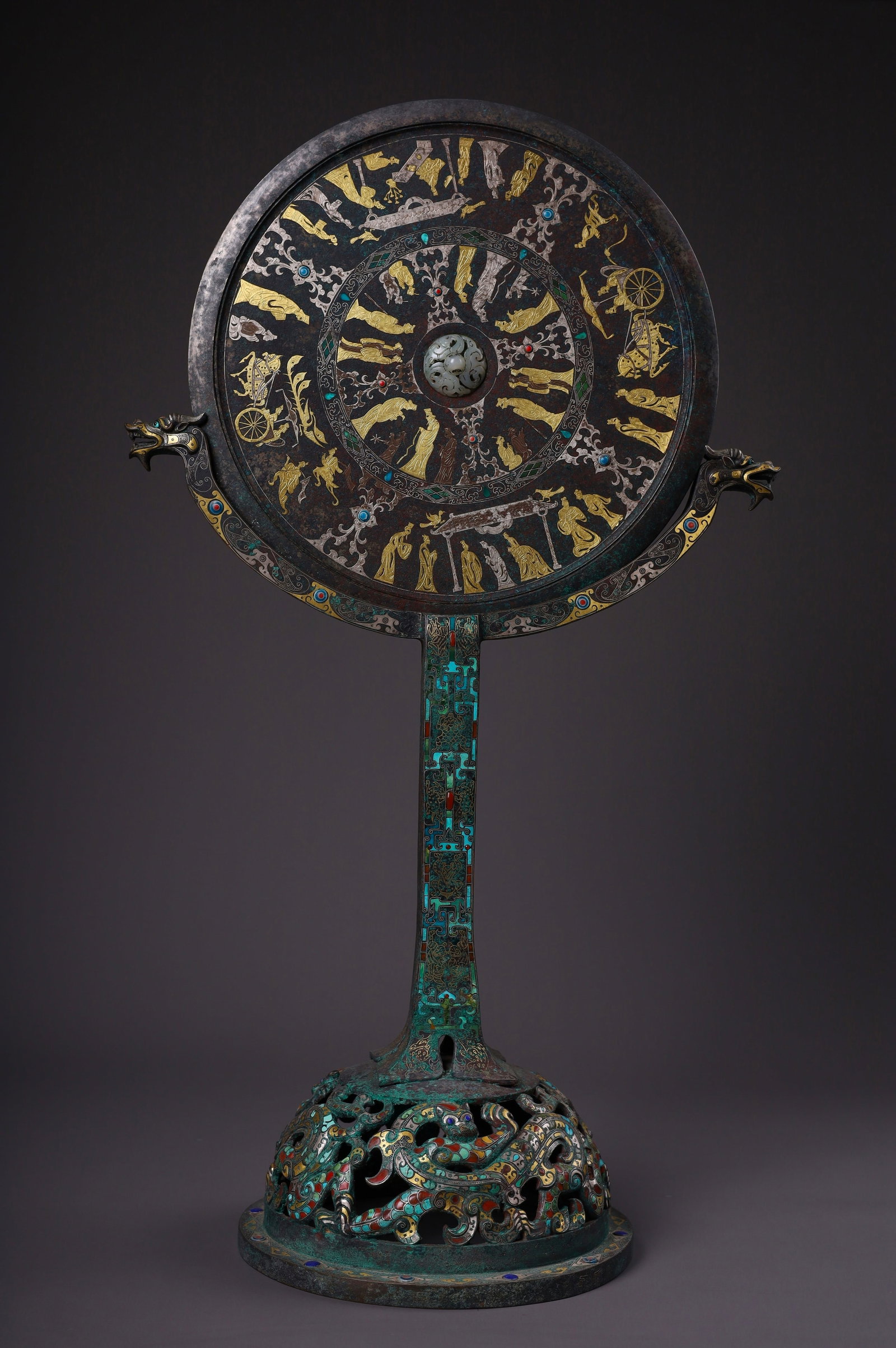 Warring States to Han Dynasty Bronze Mirror with Gold and Silver Inlay (with Dragon Head Stand) (1 of 8)