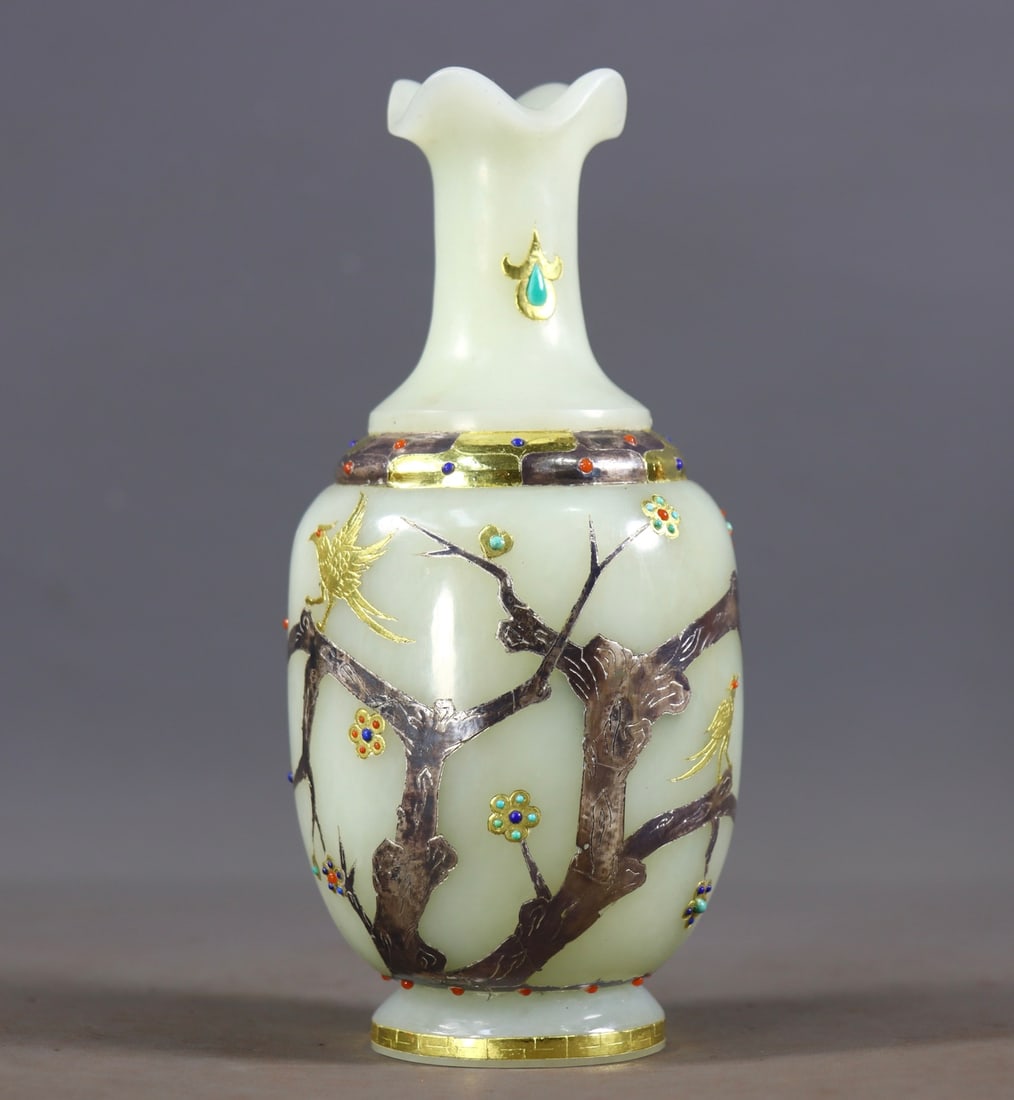 Hetian Jade Vase with Lotus Mouth, Inlaid with Pure Gold, Silver, and Gemstones: Hetian White Jade Vase with Gold, Silver, and Gem Inlay, Lotus Mouth : Carved from Hetian white jade with "cuo jin" (gold inlay) and "cuo yin" (silver inlay) of plum blossom and magpie motifs