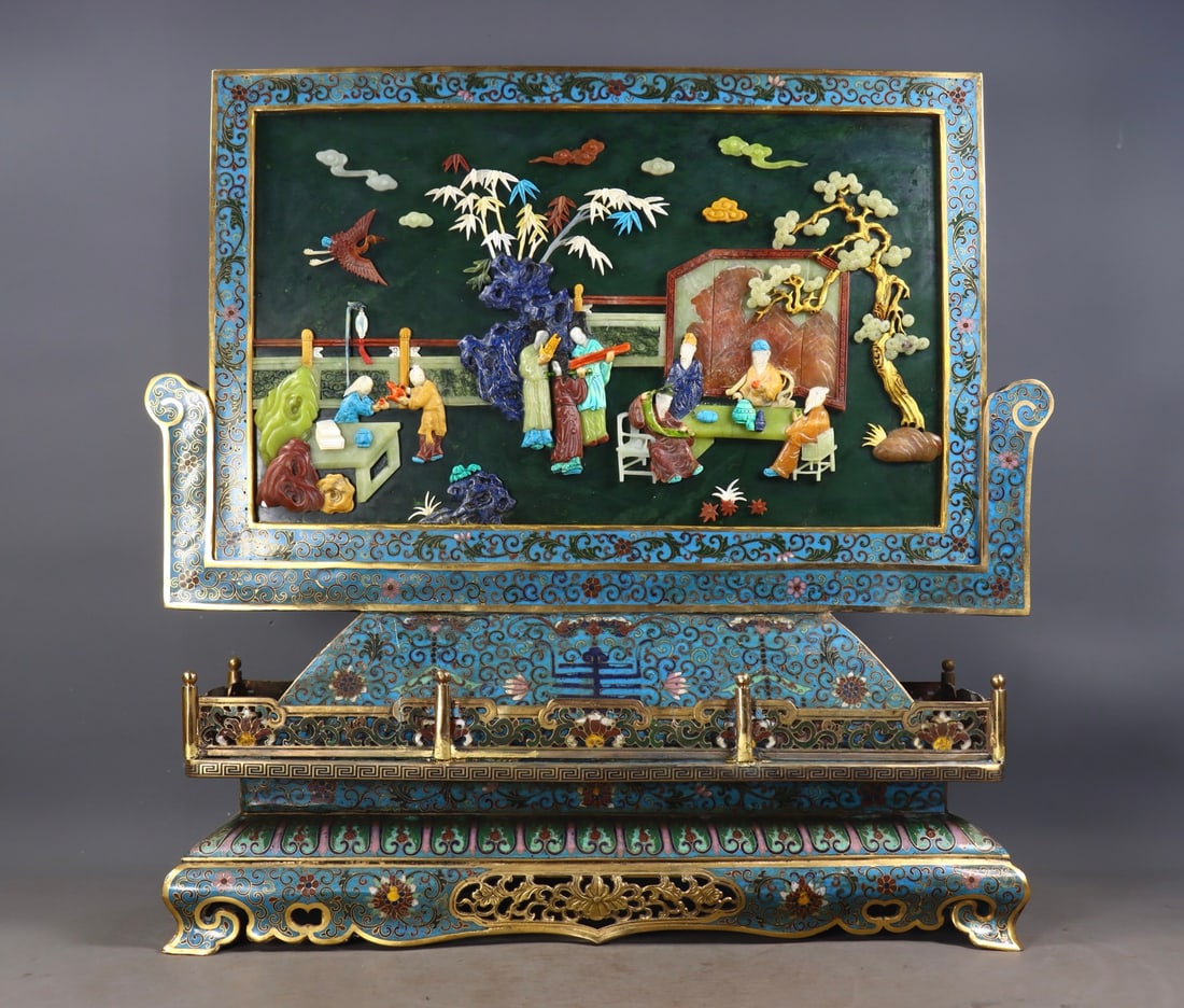 Cloisonné Screen Inlaid with Hetian Green Jade Eight Treasures: Cloisonné Enamel Table Screen with Hetian Green Jade and Multi-gem Inlay, "Scholars Gathering" : This screen features a cloisonné enamel frame with floral scrolls, a Hetian green jade panel inlaid