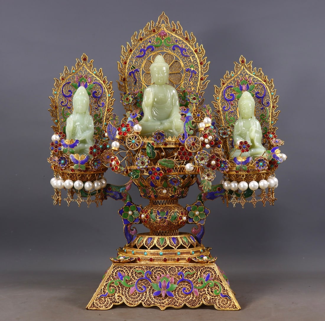 Set of Filigree Gilt Buddha Statues Inlaid with Hetian Jade (1 of 10)
