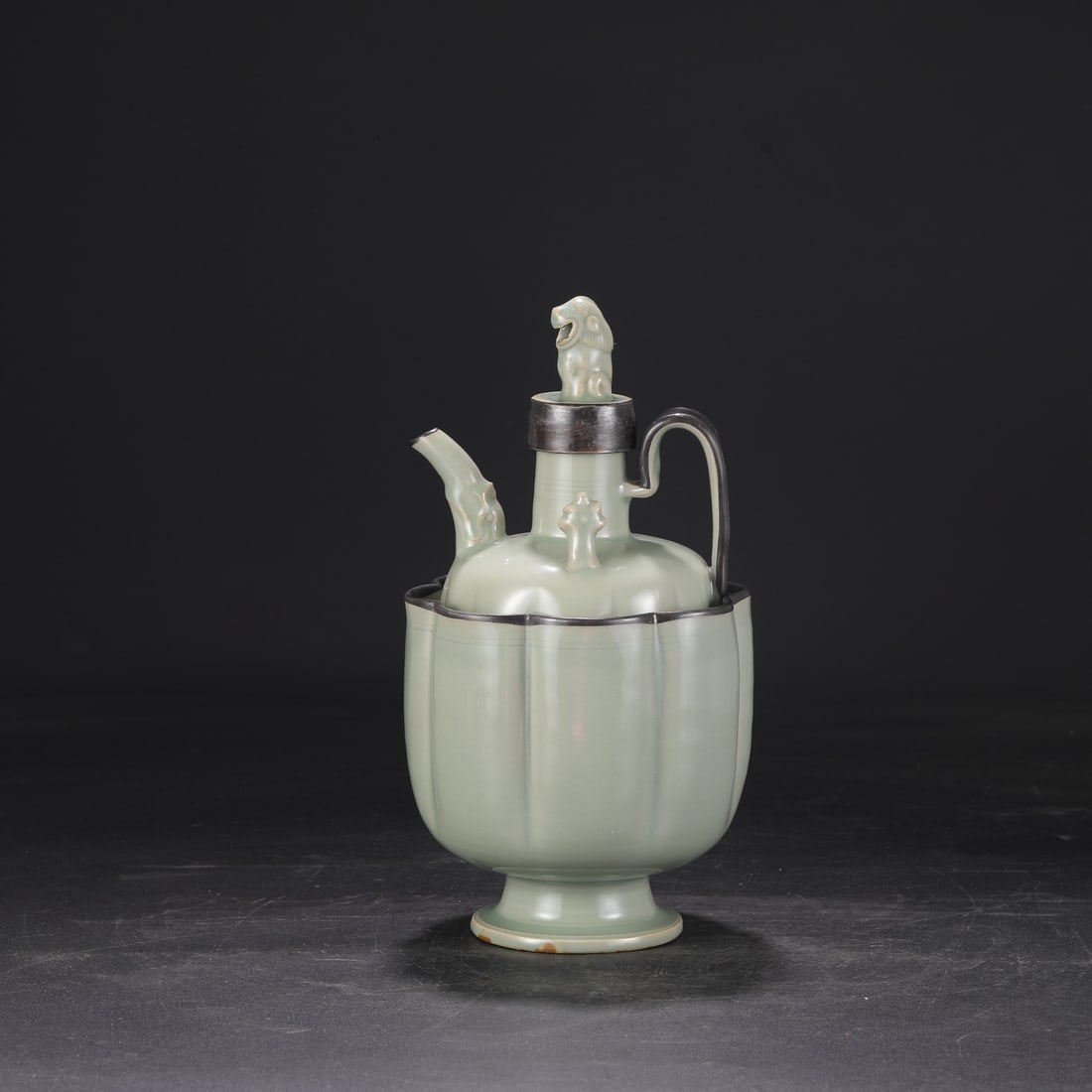Yaozhou Kiln Set of Wine Warmer and Stand with Silver Rim and Dog Head Spout: Yaozhou Kiln Wine Warmer with Silver Mounts and Dog-head Finial ?Made of Yaozhou celadon porcelain with silver mounts, this set includes a wine pot with a dog-head finial and a matching warmer, measur